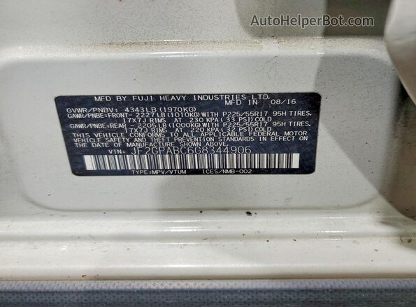 JF2GPABC6G8344906 2016 SUBARU CROSSTREK Белый Панорамный вид салона 360°