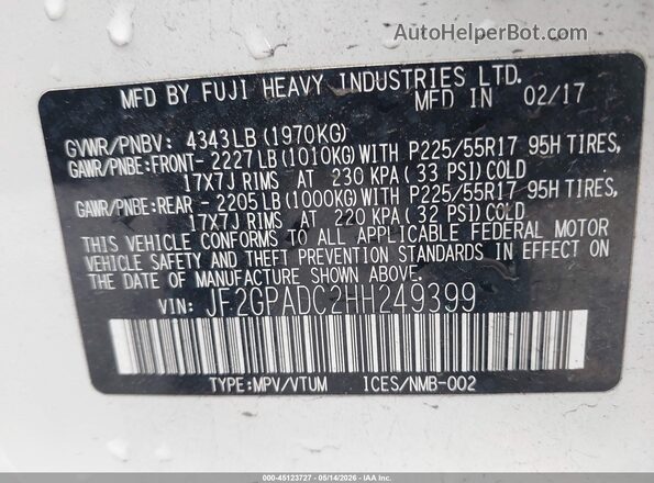 JF2GPADC2HH249399 2017 SUBARU CROSSTREK Белый Вид подкапотного пространства