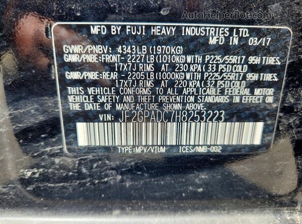 JF2GPADC7H8253223 2017 SUBARU CROSSTREK Black Widok naklejki z numerem VIN