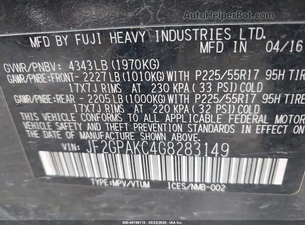 JF2GPAKC4G8283149 2016 SUBARU CROSSTREK Серый Вид подкапотного пространства