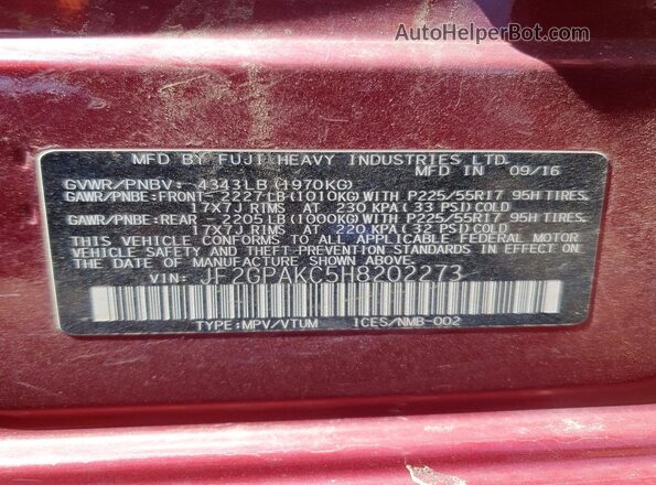 JF2GPAKC5H8202273 2017 SUBARU CROSSTREK Бордовый Вид наклейки с VIN-кодом