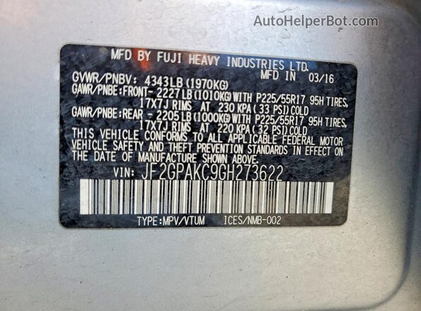 JF2GPAKC9GH273622 2016 SUBARU CROSSTREK Silver Widok wnętrza 360 stopni