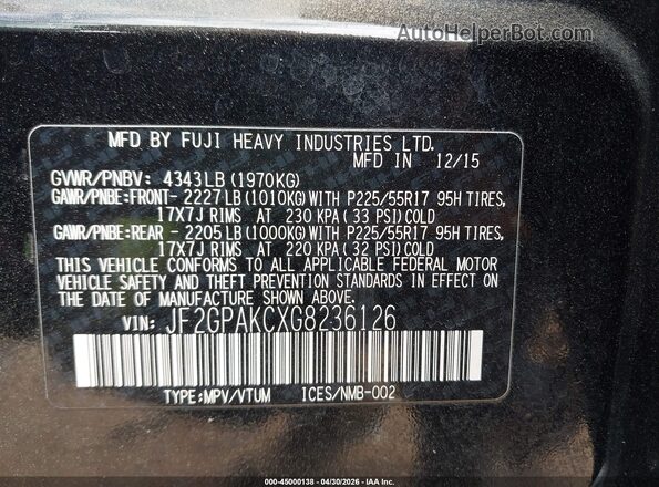 JF2GPAKCXG8236126 2016 SUBARU CROSSTREK Черный Вид подкапотного пространства