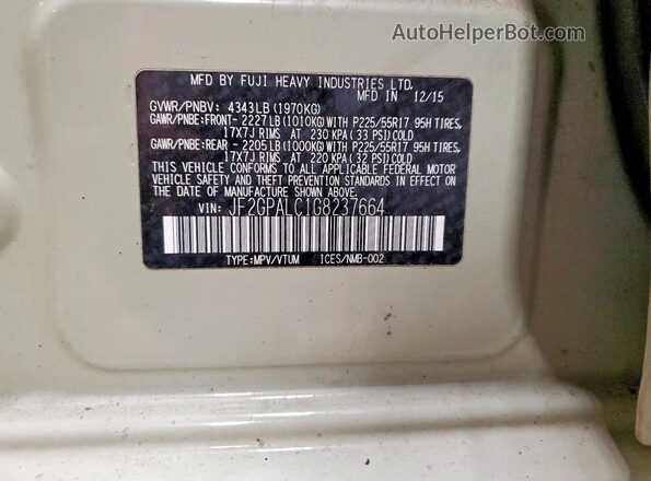 JF2GPALC1G8237664 2016 SUBARU CROSSTREK Бежевый Вид наклейки с VIN-кодом