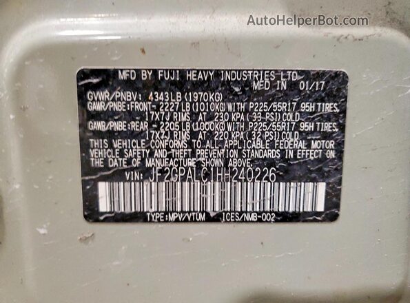 JF2GPALC1HH240226 2017 SUBARU CROSSTREK Желто-коричневый Вид наклейки с VIN-кодом