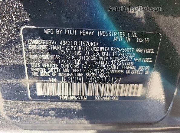 JF2GPALC4G8212127 2016 SUBARU CROSSTREK Gray Widok komory silnika
