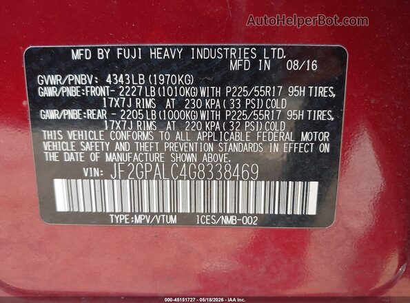 JF2GPALC4G8338469 2016 SUBARU CROSSTREK Бордовый Вид подкапотного пространства