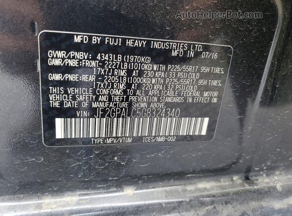 JF2GPALC5G8324340 2016 SUBARU CROSSTREK Gray Widok naklejki z numerem VIN