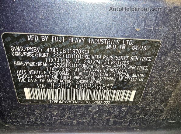 JF2GPALC8GH294847 2016 SUBARU CROSSTREK Blue VIN կոդի պիտակի տեսք