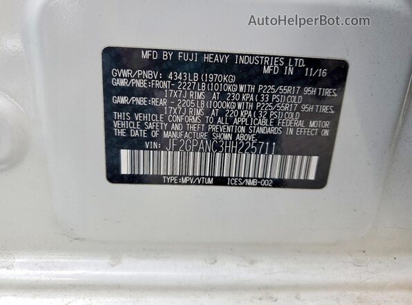 JF2GPANC3HH225711 2017 SUBARU CROSSTREK White Vista del compartimento del motor