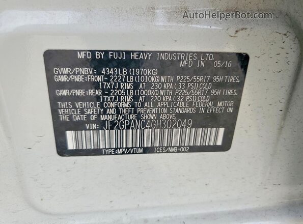 JF2GPANC4GH302049 2016 SUBARU CROSSTREK White Vista interior de 360 grados