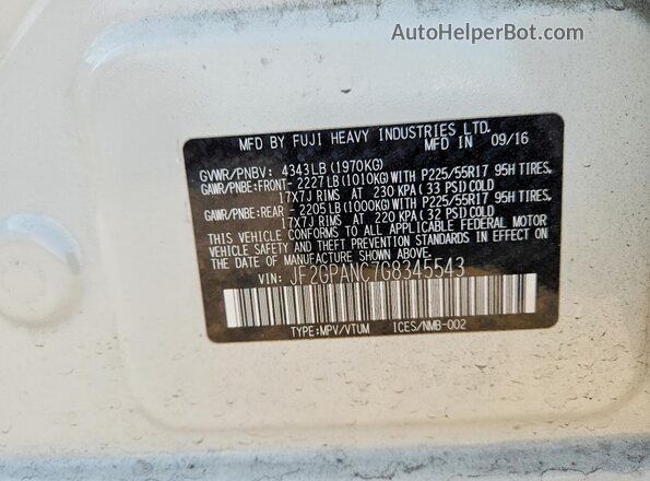 JF2GPANC7G8345543 2016 SUBARU CROSSTREK White Vista de la etiqueta del VIN