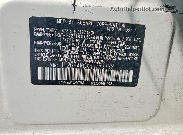 JF2GPANCXHH273738 2017 SUBARU CROSSTREK White Widok naklejki z numerem VIN