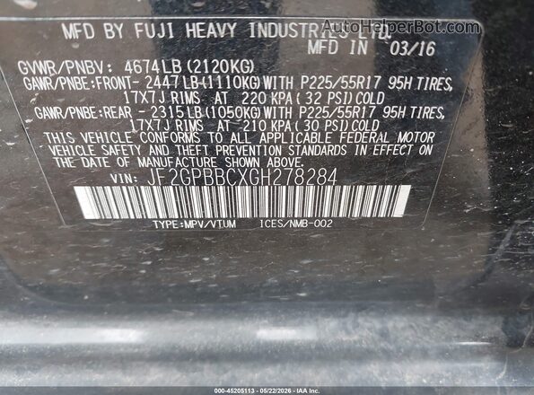 JF2GPBBCXGH278284 2016 SUBARU CROSSTREK HYBRID Black Widok komory silnika