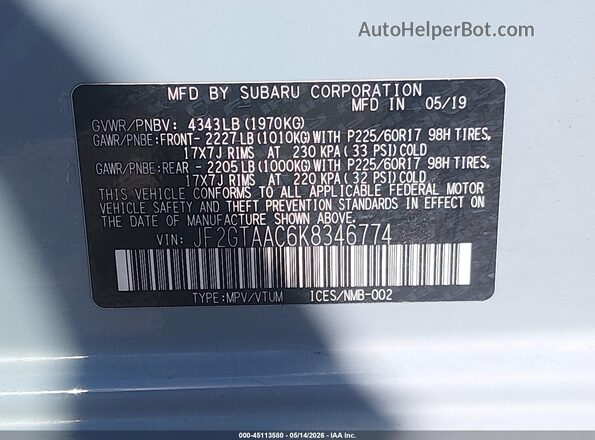 JF2GTAAC6K8346774 2019 SUBARU CROSSTREK Синий Вид подкапотного пространства