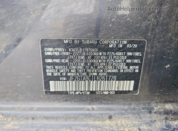 JF2GTABC1LH261728 2020 SUBARU CROSSTREK Gray Widok naklejki z numerem VIN