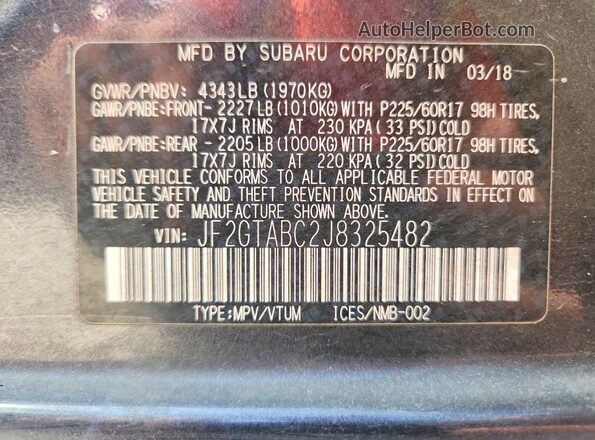 JF2GTABC2J8325482 2018 SUBARU CROSSTREK White Widok naklejki z numerem VIN