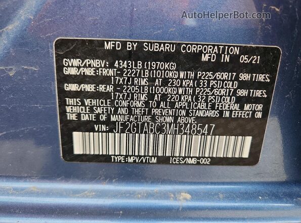 JF2GTABC3MH348547 2021 SUBARU CROSSTREK Blue Вид наклейки з VIN-кодом