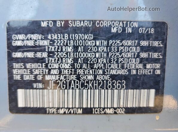 JF2GTABC5KH218363 2019 SUBARU CROSSTREK Синий Вид наклейки с VIN-кодом