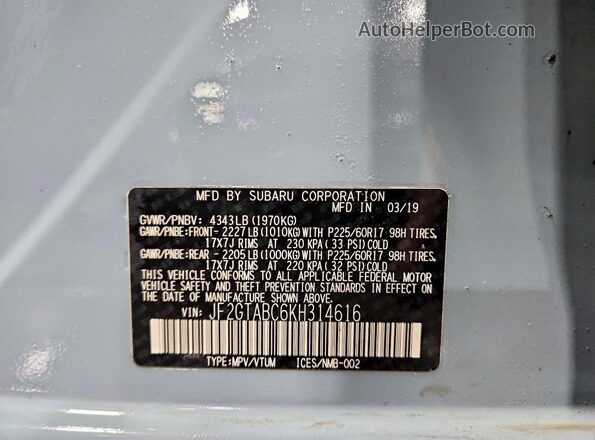 JF2GTABC6KH314616 2019 SUBARU CROSSTREK Gray VIN կոդի պիտակի տեսք