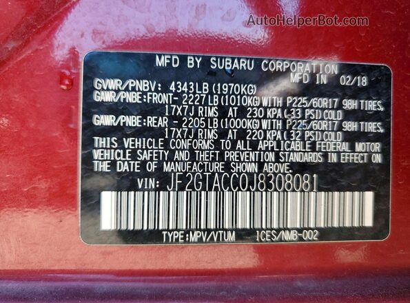 JF2GTACC0J8308081 2018 SUBARU CROSSTREK Красный Вид подкапотного пространства
