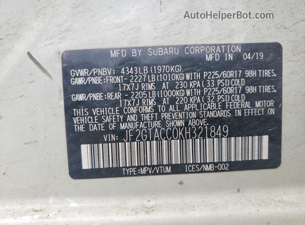 JF2GTACC0KH321849 2019 SUBARU CROSSTREK Белый Вид наклейки с VIN-кодом