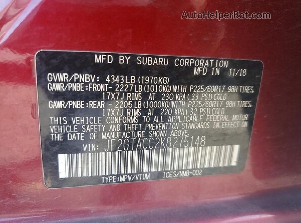 JF2GTACC2K8275148 2019 SUBARU CROSSTREK Burgundy Widok naklejki z numerem VIN