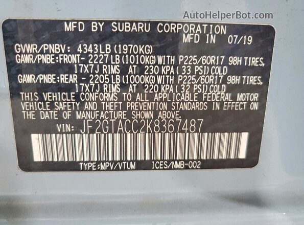 JF2GTACC2K8367487 2019 SUBARU CROSSTREK Blue Vista de la etiqueta del VIN