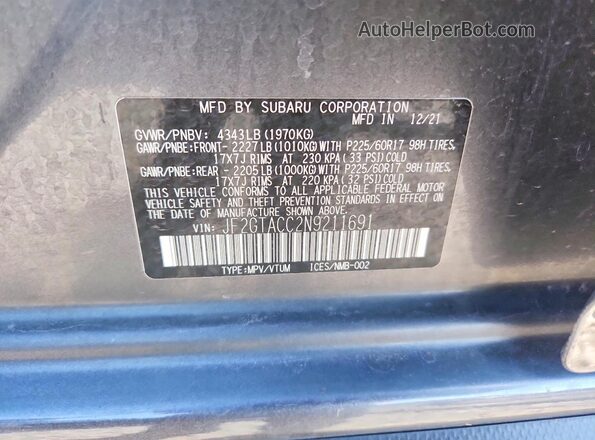 JF2GTACC2N9211691 2022 SUBARU CROSSTREK Gray Widok wnętrza 360 stopni