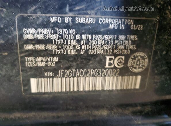 JF2GTACC2PG320022 2023 SUBARU CROSSTREK Синий Вид наклейки с VIN-кодом
