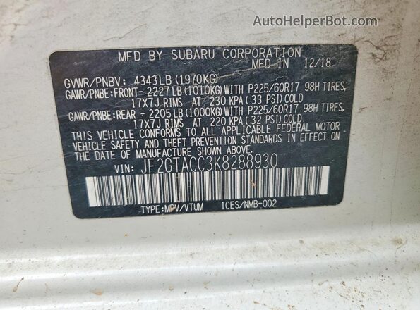 JF2GTACC3K8288930 2019 SUBARU CROSSTREK White Vista de la etiqueta del VIN