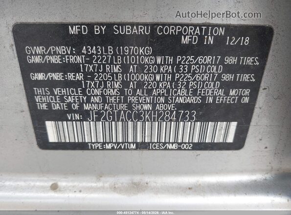 JF2GTACC3KH284733 2019 SUBARU CROSSTREK Silver Շարժիչի բաժամունքի տեսք