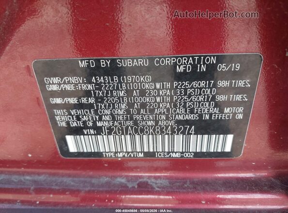JF2GTACC8K8343274 2019 SUBARU CROSSTREK Темно-бордовый Вид подкапотного пространства