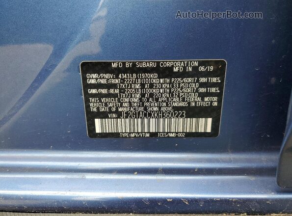 JF2GTACCXKH360223 2019 SUBARU CROSSTREK Blue Widok naklejki z numerem VIN