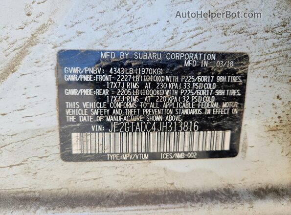 JF2GTADC4JH313816 2018 SUBARU CROSSTREK Белый Вид наклейки с VIN-кодом