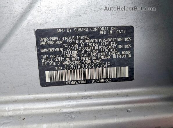 JF2GTADC6K8225545 2019 SUBARU CROSSTREK Silver ძრავის განყოფილების ხედი