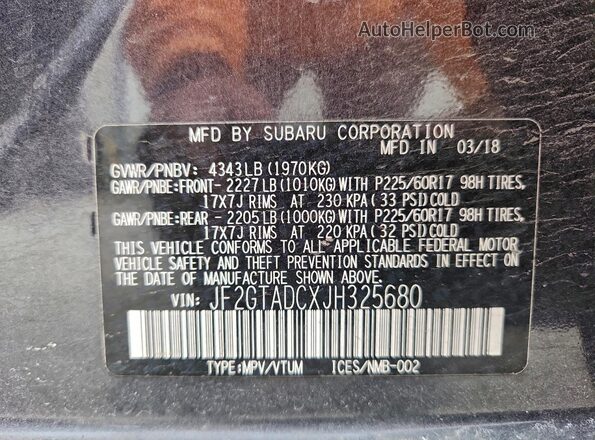 JF2GTADCXJH325680 2018 SUBARU CROSSTREK Gray Widok naklejki z numerem VIN