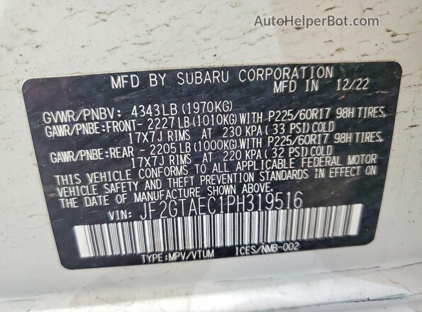 JF2GTAEC1PH319516 2023 SUBARU CROSSTREK Белый Вид наклейки с VIN-кодом