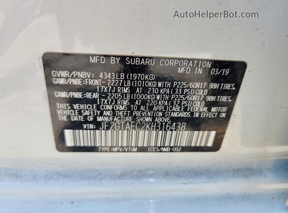 JF2GTAEC2KH316438 2019 SUBARU CROSSTREK Белый Вид наклейки с VIN-кодом