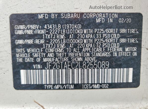 JF2GTAEC2L8255089 2020 SUBARU CROSSTREK White Vista de la etiqueta del VIN