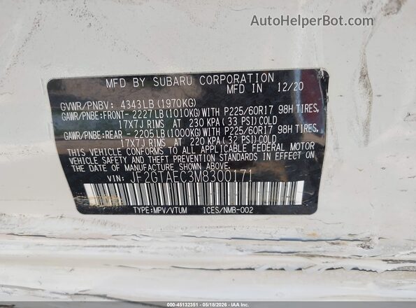 JF2GTAEC3M8300171 2021 SUBARU CROSSTREK White Vista del compartimento del motor