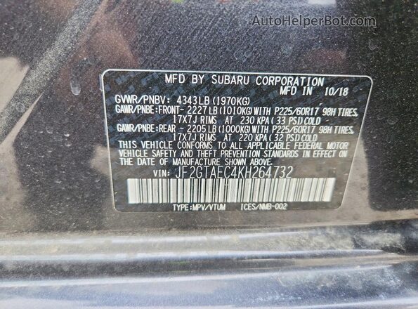 JF2GTAEC4KH264732 2019 SUBARU CROSSTREK Gray VIN კოდის სტიკერის ხედი