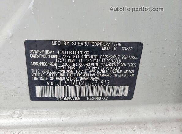 JF2GTAEC4LH271813 2020 SUBARU CROSSTREK White Widok naklejki z numerem VIN