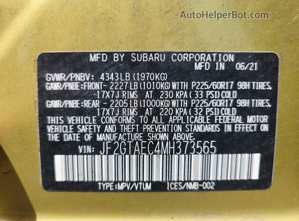 JF2GTAEC4MH373565 2021 SUBARU CROSSTREK Green ძრავის განყოფილების ხედი