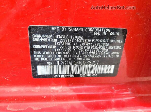 JF2GTAEC5MH238207 2021 SUBARU CROSSTREK Red ძრავის განყოფილების ხედი