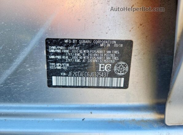 JF2GTAEC6JG325437 2018 SUBARU CROSSTREK Silver Widok naklejki z numerem VIN