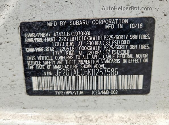 JF2GTAEC6KH257586 2019 SUBARU CROSSTREK White Панорамний вид салону 360°