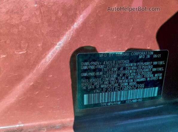 JF2GTAEC6M8652399 2021 SUBARU CROSSTREK Красный Вид наклейки с VIN-кодом