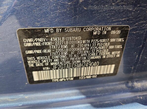 JF2GTAEC6MH249040 2021 SUBARU CROSSTREK Blue Вид наклейки з VIN-кодом