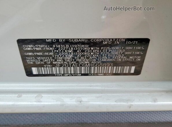 JF2GTAEC6MH668893 2021 SUBARU CROSSTREK Белый Панорамный вид салона 360°